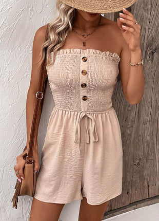 Decorative Button Smocked Strapless Romper - MimiStylez
