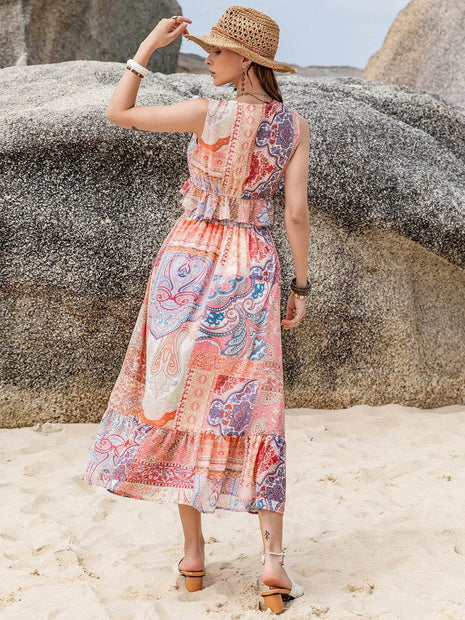Printed V-Neck Top and Midi Skirt Set - MimiStylez