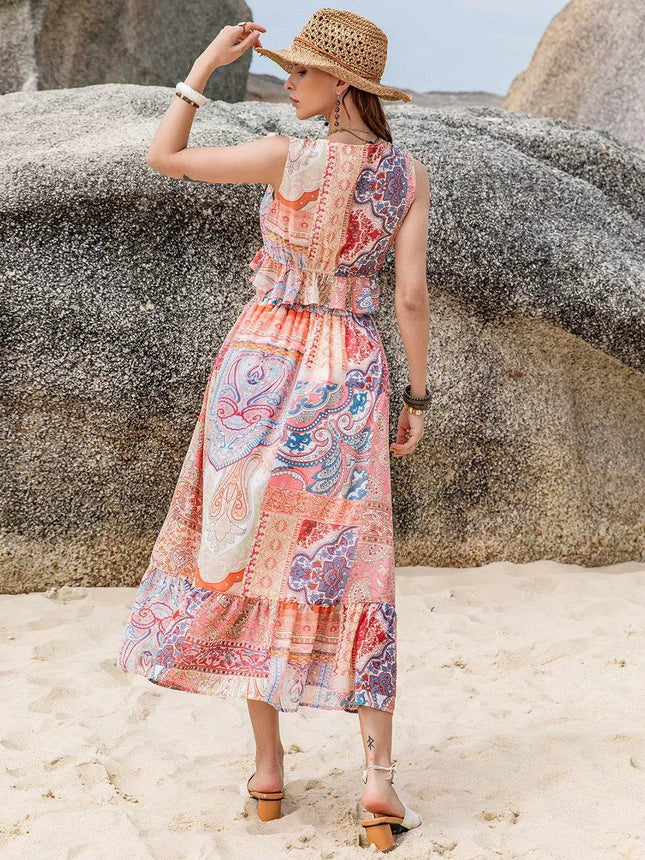 Printed V-Neck Top and Midi Skirt Set - MimiStylez