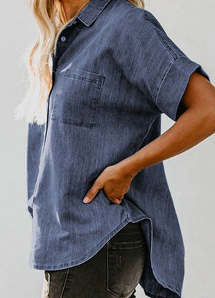 Pocketed Button Up Short Sleeve Denim Shirt - MimiStylez