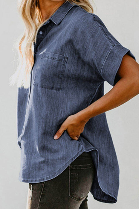 Pocketed Button Up Short Sleeve Denim Shirt - MimiStylez