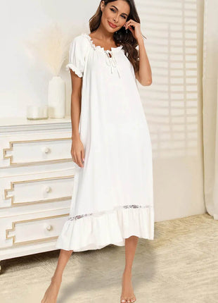 Lace Detail Short Sleeve Lounge Dress - MimiStylez