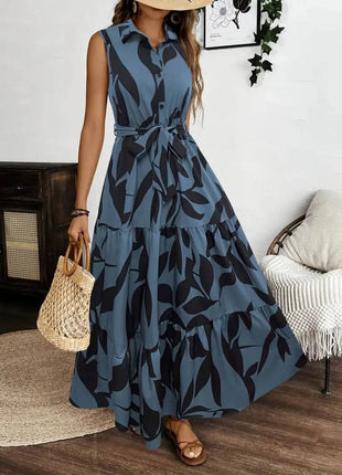 Printed Tie Waist Sleeveless Maxi Dress - MimiStylez