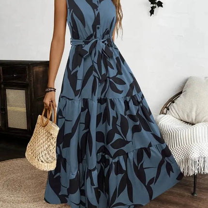 Printed Tie Waist Sleeveless Maxi Dress - MimiStylez