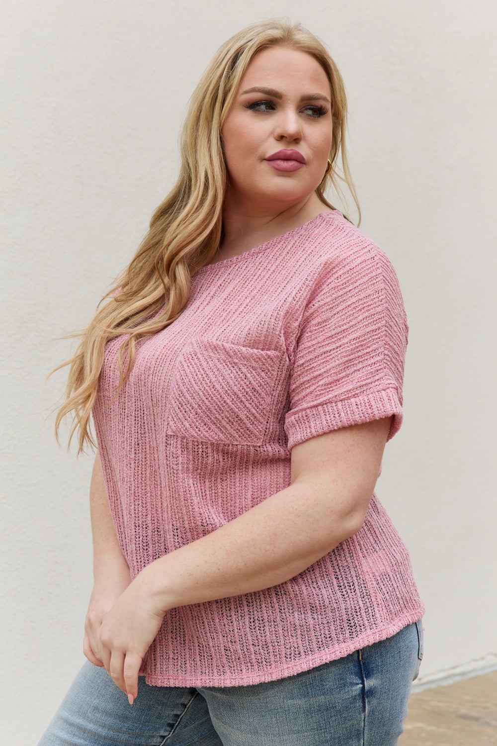 Full Size Chunky Knit Short Sleeve Top in Mauve