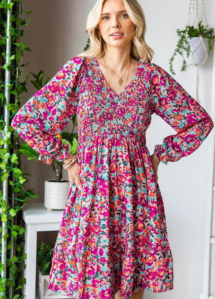 Floral Smocked V-Neck Flounce Sleeve Dress - MimiStylez