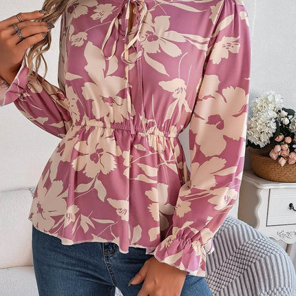Printed Tie Neck Flounce Sleeve Blouse - MimiStylez