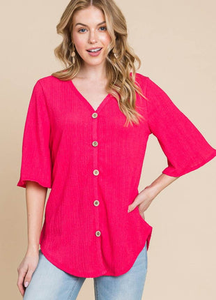 BOMBOM Texture Decorative Button V-Neck Top - MimiStylez