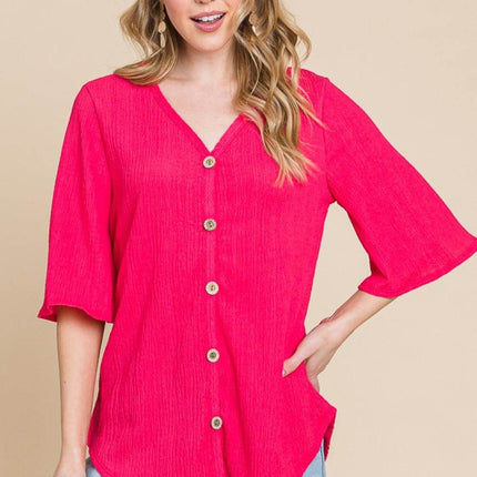 BOMBOM Texture Decorative Button V-Neck Top - MimiStylez
