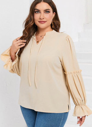 Plus Size Ruffled Tie Neck Flounce Sleeve Blouse - MimiStylez