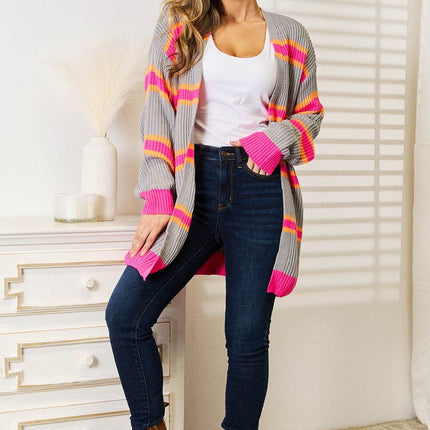 Woven Right Ribbed Long Sleeve Cardigan - MimiStylez