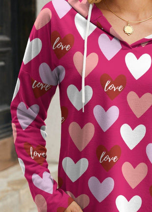 Heart Drawstring Dropped Shoulder Hoodie - MimiStylez