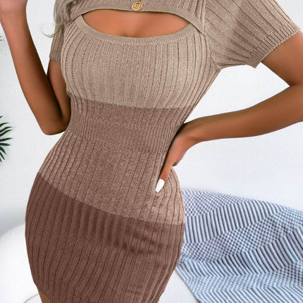 Color Block Cutout Short Sleeve Sweater Dress - MimiStylez