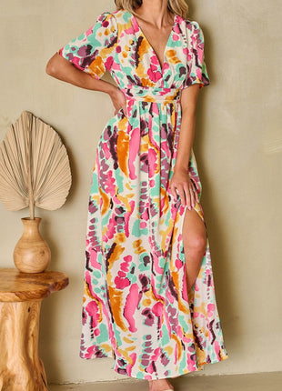 Slit Printed Surplice Short Sleeve Maxi Dress - MimiStylez