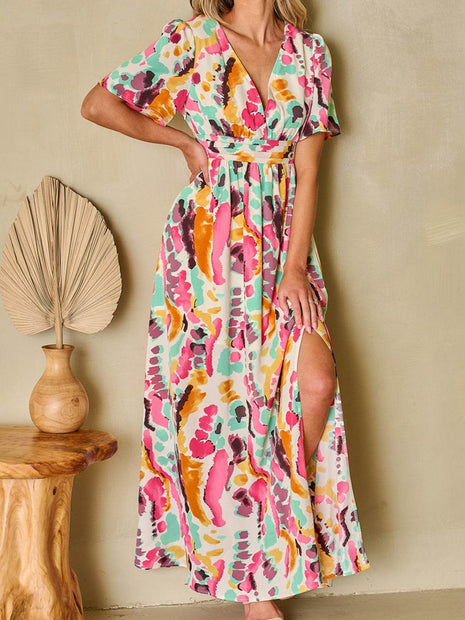 Slit Printed Surplice Short Sleeve Maxi Dress - MimiStylez