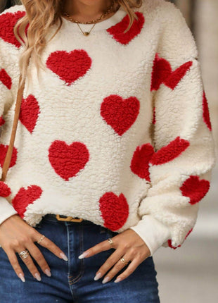 Fuzzy Heart Dropped Shoulder Sweatshirt - MimiStylez