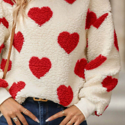 Fuzzy Heart Dropped Shoulder Sweatshirt - MimiStylez