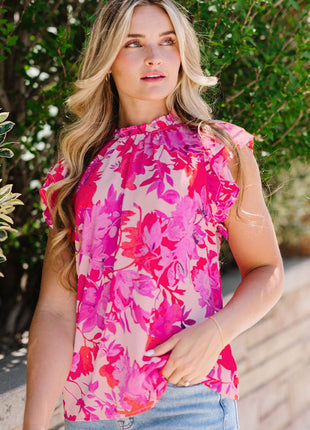 Frill Floral Mock Neck Cap Sleeve Blouse - MimiStylez