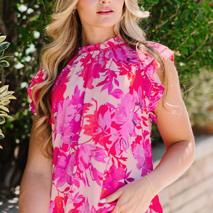 Frill Floral Mock Neck Cap Sleeve Blouse - MimiStylez