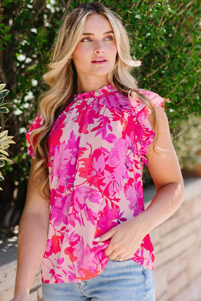 Frill Floral Mock Neck Cap Sleeve Blouse - MimiStylez