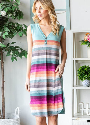 Heimish Full Size Striped Sleeveless V Neck Dress - MimiStylez