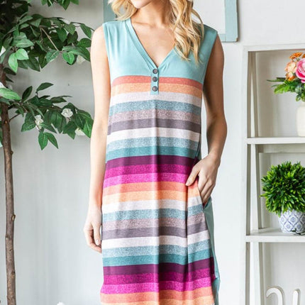 Heimish Full Size Striped Sleeveless V Neck Dress - MimiStylez