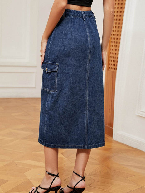 Button Down Midi Denim Skirt - MimiStylez
