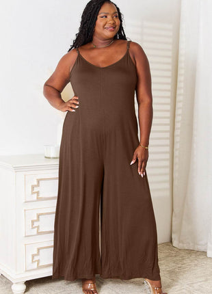 Double Take Full Size Soft Rayon Spaghetti Strap Tied Wide Leg Jumpsuit - MimiStylez