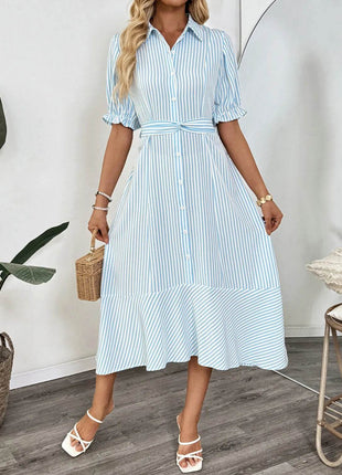 Striped Button-Down Midi Shirt Dress with Ruffle Sleeves - MimiStylez