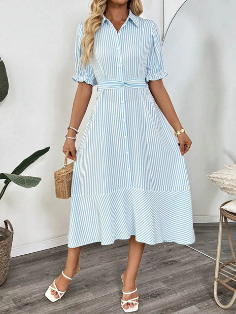 Striped Button-Down Midi Shirt Dress with Ruffle Sleeves - MimiStylez