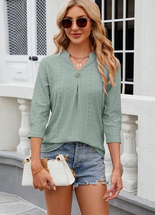 Eyelet Notched Knit Jacquard Top - MimiStylez
