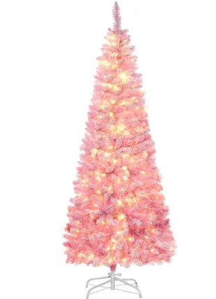 6FT Prelit Flocked Pencil Christmas Tree - Pine Realistic Branches, Warm White LED Lights, Auto Open, Pink And White