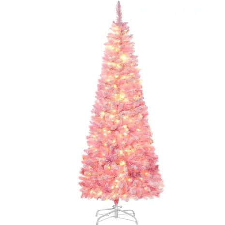 6FT Prelit Flocked Pencil Christmas Tree - Pine Realistic Branches, Warm White LED Lights, Auto Open, Pink And White