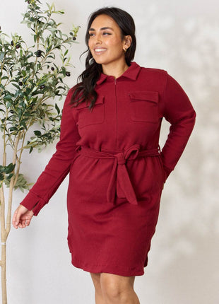 Culture Code Full Size Tie Front Half Zip Long Sleeve Shirt Dress - MimiStylez