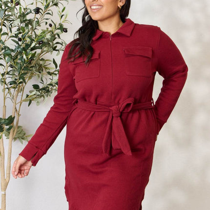 Culture Code Full Size Tie Front Half Zip Long Sleeve Shirt Dress - MimiStylez
