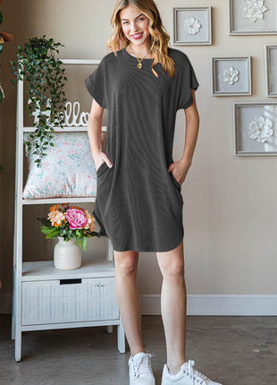 Heimish Full Size Ribbed Round Neck Short Sleeve Tee Dress - MimiStylez