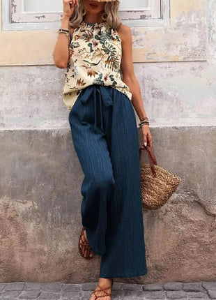 Printed Tank Top and Wide Leg Pants Set - MimiStylez