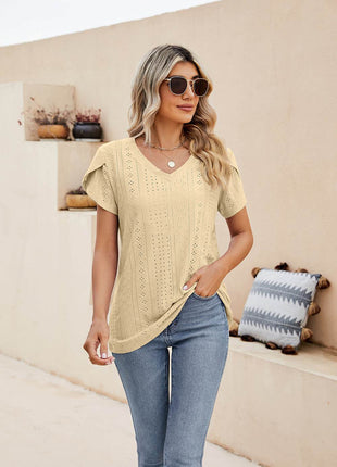 Eyelet Petal Sleeve V-Neck Knit Top - MimiStylez