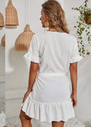 Tied Frill Short Sleeve Mini Dress - MimiStylez