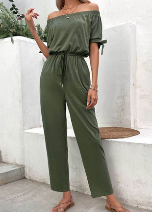 Off-Shoulder Tie Cuff Jumpsuit with Pockets - MimiStylez