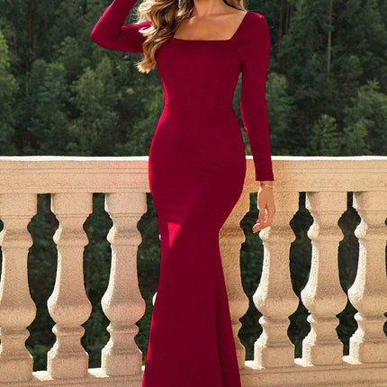 Square Neck Long Sleeve Dress - MimiStylez
