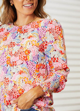 Double Take Floral Print Long Puff Sleeve Blouse - MimiStylez