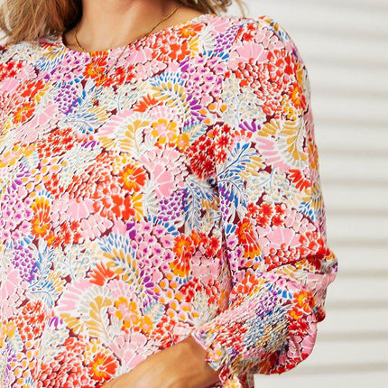 Double Take Floral Print Long Puff Sleeve Blouse - MimiStylez