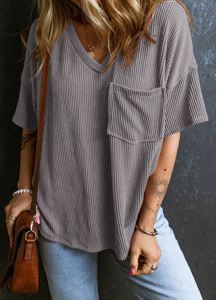 Textured V-Neck Dropped Shoulder T-Shirt - MimiStylez
