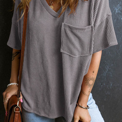 Textured V-Neck Dropped Shoulder T-Shirt - MimiStylez