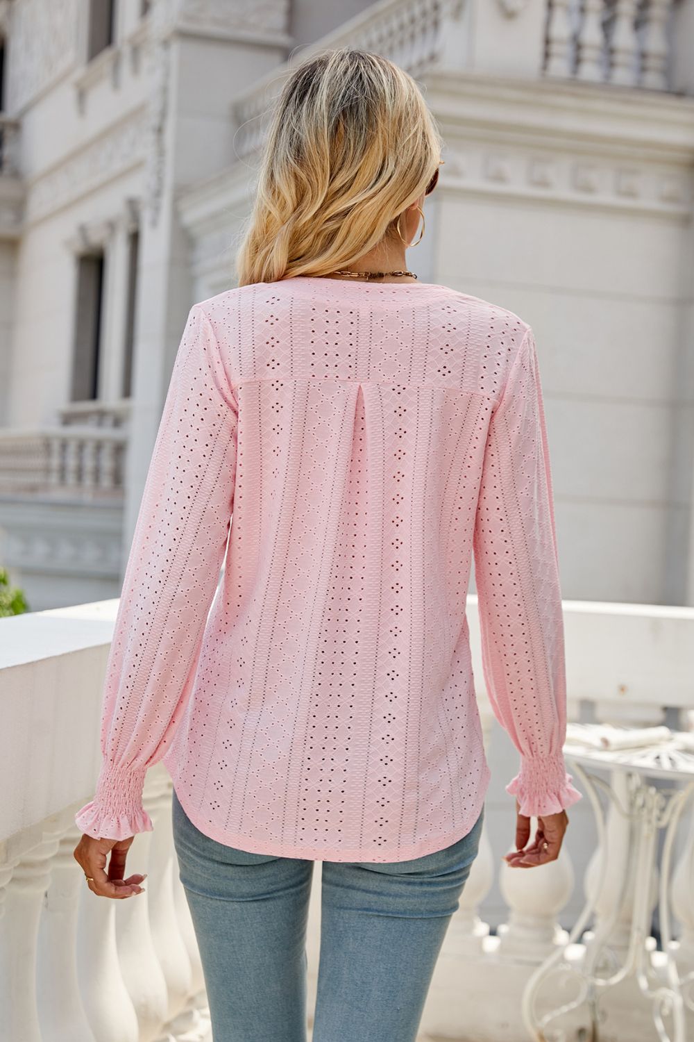 Notched Flounce Sleeve Eyelet Top