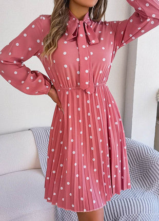 Polka Dot Tie Neck Pleated Dress - MimiStylez