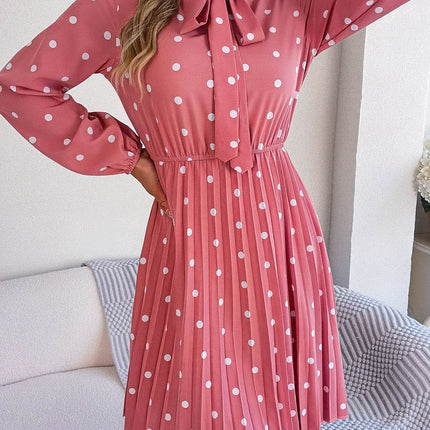 Polka Dot Tie Neck Pleated Dress - MimiStylez
