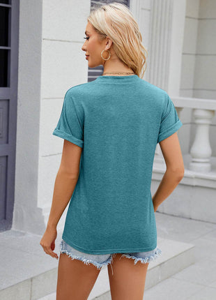Decorative Button Notched Short Sleeve T-Shirt - MimiStylez