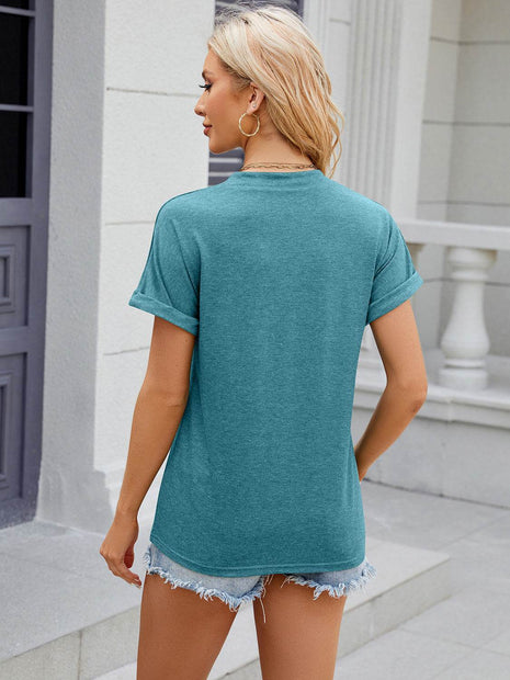 Decorative Button Notched Short Sleeve T-Shirt - MimiStylez